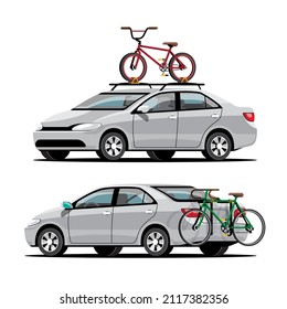 Tourists are equipped with equipment to carry bicycles on their cars to go on a scenic ride at tourist attractions. Flat vector illustration design