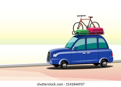 Tourists are equipped with equipment to carry bicycles on their cars to go on a scenic ride at tourist attractions. Flat vector illustration design