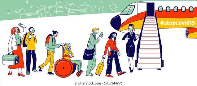 Tourists Evacuation During Coronavirus Pandemic. Male And Female Characters Wearing Facial Medical Masks Stand In Queue At Airplane Ladder With Stewardess Inviting. Linear People Vector Illustration