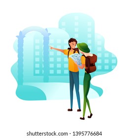 Tourists at excursion flat vector illustration. Tourism, urban city tour. Foreign visitors cartoon characters. Backpackers with map drawing. Summer vacation to historical landmark, sightseeing