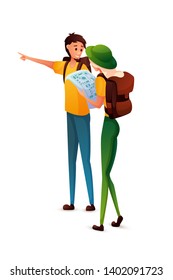 Tourists at excursion flat vector illustration. Tourism, urban city tour. Foreign visitors cartoon characters. Backpackers with map drawing. Summer vacation to historical landmark, sightseeing