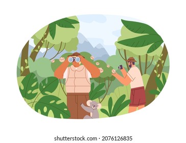 Tourists explore nature in jungle. Explorers travel in forest on holidays. People with binoculars and camera during summer journey in rainforest. Flat vector illustration isolated on white background