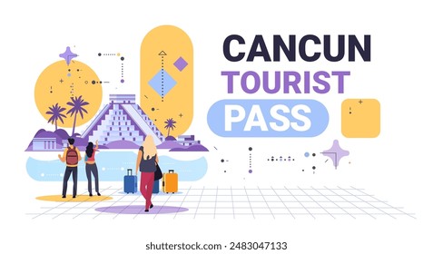Touristen erkunden antike Pyramiden tropische Landschaft Modernes abstraktes Design Bunte Elemente Reisen Thema