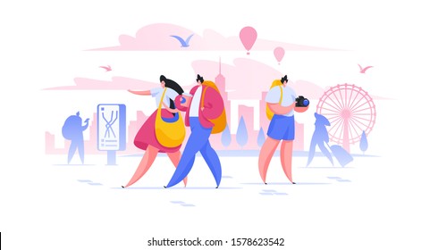 Turistas explorando la ilustración portadora plana del país extranjero. Hombres y mujeres con personajes de dibujos animados. Excursión mundial de monumentos famosos. Viajeros con mochilas en composición vacacional