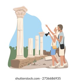 Tourists exploring and photographing ancient ruins. Travel and leisure. Hand-drawn vector illustration.