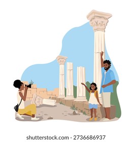 Tourists exploring and photographing ancient ruins. Travel and leisure. Hand-drawn vector illustration.