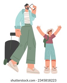 Tourists father and child traveling on vacation together, flat vector illustration isolated on white background. Family with backpack and suitcase traveling abroad or by plane, train.