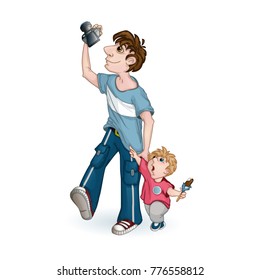 Tourists father and little son watch the sights and take pictures on the camera. The child is showing something amazing. Vector illustration of a character in a cartoon style.