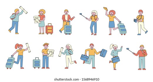 Tourists flat charers set. People with luggage. Going on vacation . Cheerful holidaymakers with maps planning trips, finding routes. Traveler with photo camera taking pictures.