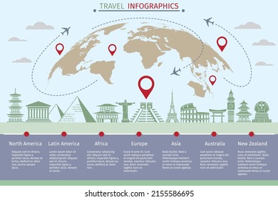 Tourists Flight Travel Infographics With World Map And Landmarks Icons