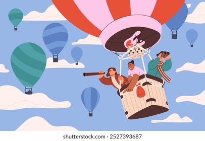 Tourists flying on hot air balloon. Happy people look around, pointing during flight travel. Friends soaring in basket of aerial ballon. Cappadocia festival in the sky. Flat vector illustration