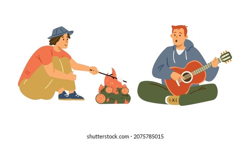 Tourists in forest make a fire and sing songs with guitar, flat cartoon vector illustration isolated on white background. Cartoon people sit bonfire.