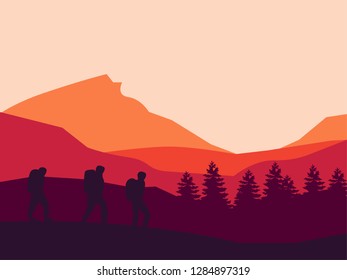 Tourists, forest and mountains silhouettes