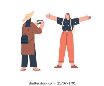 Tourists friends on summer vacations. Woman taking photo on mobile phone of girlfriend during summertime travel. Girls making photographs in trip. Flat vector illustration isolated on white background