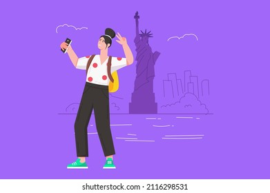 Tourists go on vacation travel modern flat concept. Happy woman posing next to the Statue of Liberty and taking selfie photo on smartphone. Vector illustration with people scene for web banner design