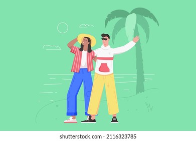 Tourists go on vacation travel modern flat concept. Happy couple walking along beach while relaxing on tropical island in ocean at resort. Vector illustration with people scene for web banner design