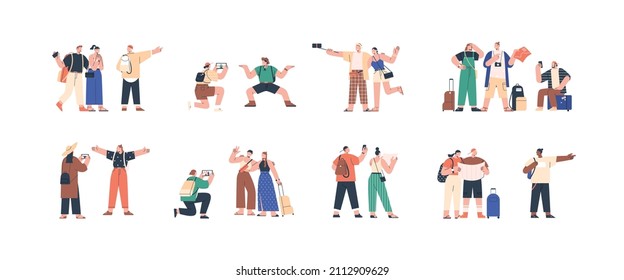 Tourists go sightseeing and take photos in travel set. People walk with phones and maps in vacation trip. Friends, couples in journeys, tours. Flat vector illustration isolated on white background - Shutterstock ID 2112909629