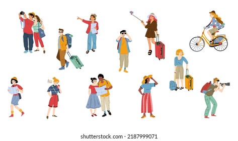 Tourists go sightseeing and take photos in travel. People with phones and maps, walk or riding bike in vacation trip. Friends, couples in journey tour Line art flat vector illustration, isolated set