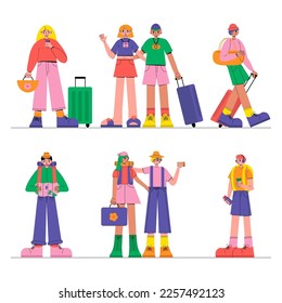 Tourists go sightseeing and take photos in travel set. People walk with phones and maps in vacation trip. Friends, couples in journeys, tours. Flat vector illustration isolated on white background