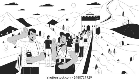 Tourists at Great Wall of China black and white line illustration. Multinational crowd on sightseeing tour 2D characters monochrome background. Visit famous attraction outline scene vector image