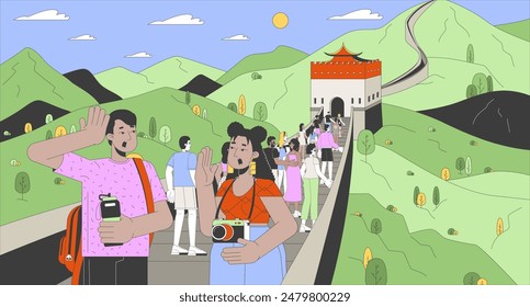 Tourists at Great Wall of China cartoon flat illustration. Multinational crowd on sightseeing tour 2D line characters colorful background. Visit famous attraction scene vector storytelling image