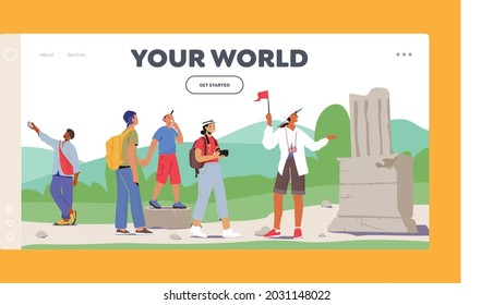 Tourists Group Excursion Landing Page Template. Young People with Backpacks and Photo Cameras Traveling Abroad. Characters Visit Sightseeing with Guide. Travel on Ruins. Cartoon Vector Illustration