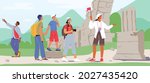Tourists Group Excursion. Young People with Backpacks and Photo Cameras Traveling Abroad. Male and Female Characters Visit Sightseeing with Guide. Travel on Ancient Ruins. Cartoon Vector Illustration