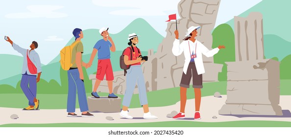 Tourists Group Excursion. Young People with Backpacks and Photo Cameras Traveling Abroad. Male and Female Characters Visit Sightseeing with Guide. Travel on Ancient Ruins. Cartoon Vector Illustration - Shutterstock ID 2027435420