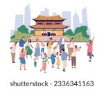 Tourists group guide. Tour guides showing urban landmark, different tourist visit sightseeing on europe city places excursion, traveler with photo camera vector illustration of tourism and vacation