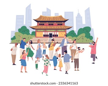 Tourists group guide. Tour guides showing urban landmark, different tourist visit sightseeing on europe city places excursion, traveler with photo camera vector illustration of tourism and vacation