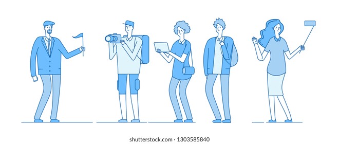 Tourists group. Guide young people with backpack family tourists tour groups girl take selfie man photographer travel vector concept