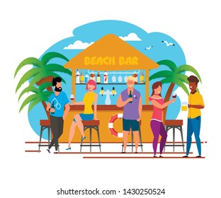 Tourists Group Having Rest at Beach Bar Cartoon. Vacation in Southern Country. Relaxing with Alcoholic Drinks Visitors, Bartender Vector Illustration. Summer Recreation on Tropical Coast