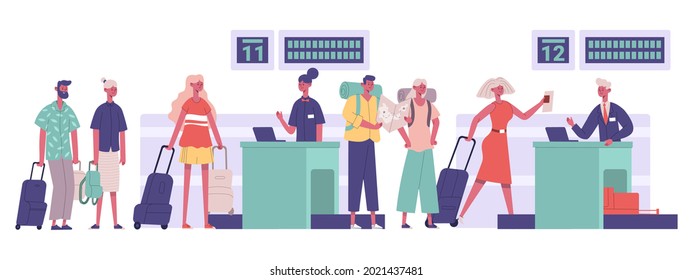 Tourists group, passengers travellers luggage checking in airport. People walking airport security detection vector illustration. Travel airport concept. Character at desk with baggage