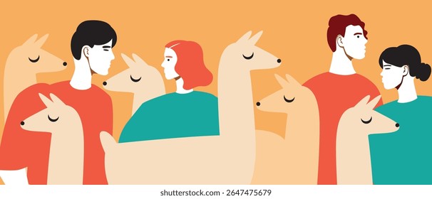 Tourists or group of people with llamas or alpacas in latin america or peru on alpaca day, flat vector stock illustration as a concept of experiencing local culture and traditions