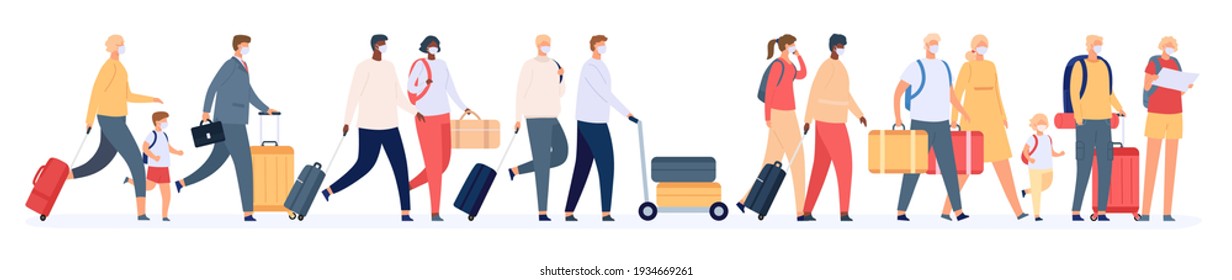 Tourists group with suitcases. Traveling families crowd with luggage in airport queue. People in masks in tour. Safe vacation vector concept