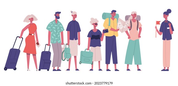 Tourists group visitors explore interesting places with guide. Men and women at new city excursion vector illustration