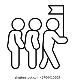 Turistas y guía con el icono de la línea fina de la bandera, concepto de la Encuesta del viajero. Gráficos de Vector. Hombre de la guía con la gente, muestra del viaje en el fondo blanco, icono del estilo del contorno del móvil o del Diseño web