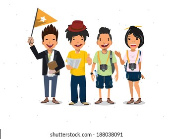 Tourists and guide - vector illustration