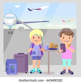 Tourists a guy and a girl are drinking coffee at the airport. Vector picture in the style of flat.