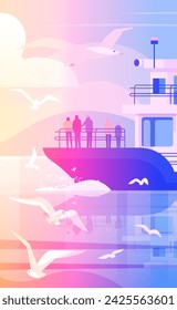 tourists having a rest on cruise ship sea voyage ocean holiday comfort adventure concept vertical