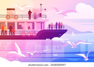 tourists having a rest on cruise ship sea voyage ocean holiday comfort adventure concept horizontal