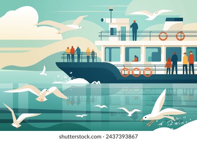 tourists having a rest on cruise ship sea voyage ocean holiday comfort adventure concept horizontal