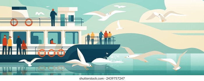 tourists having a rest on cruise ship sea voyage ocean holiday comfort adventure concept horizontal