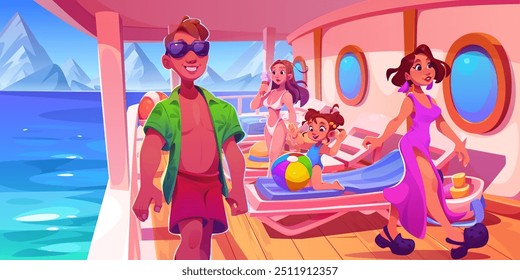 Turistas descansando em um navio de cruzeiro. Ilustração de desenho animado de homem sorrindo, mulher jovem feliz em biquíni, menina brincando a bordo do navio, vista montanha e vista da paisagem do mar, férias de verão