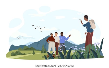 Touristen Wanderkonzept. Männer und Frauen mit Rucksäcken wandern in den Bergen. Aktiver Lebensstil und Freizeit. Wanderer und Camper draußen. Reisende in der Wildnis. Cartoon flache Vektorillustration