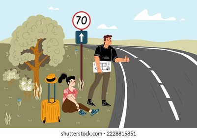 Tourists hitchhikers on car road. Couple travel together and hitchhiking. Summer landscape with highway and people on roadside with suitcase, vector hand drawn illustration