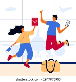 Tourists hold vaccination passport and smartphone with vaccine mobile app. Free travel after the pandemic. Happy people at the airport. Certificate from coronavirus covid-19. Maskless mode. Vector