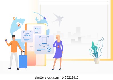 Tourists holding boarding pass, baggage and smartphone. Board, sale, buying tickets. Booking online concept. Vector illustration can be used for topics like flight, mobile app, tourism