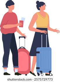 Tourists holding passports and pulling suitcases wait at the airport terminal, eagerly anticipating their upcoming journey as they prepare for departure to exciting destinations