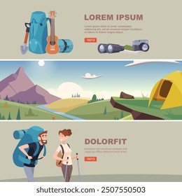 tourists. horizontal banners with items for hiking exploring vector adventure time characters with bagpacks